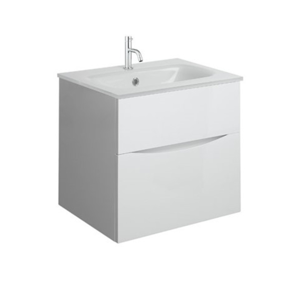 Product Cut out image of the Crosswater Glide II White Gloss 500mm Double Drawer Unit with Ice White Glass 1 Tap Hole Basin